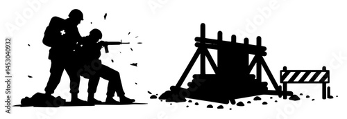 soldiers under fire near battlefield barricade in silhouette style