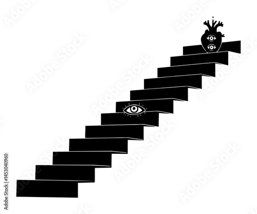surreal staircase with heart and eye symbols in silhouette style