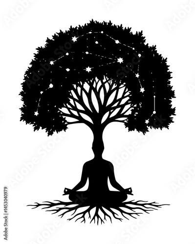 meditating person with tree of life and stars in silhouette design