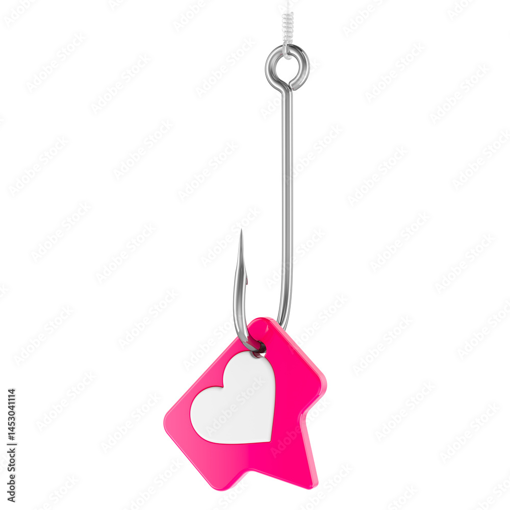 Hooked on likes. Social media like icon as bait on fishing hook. 3D rendering isolated on transparent background