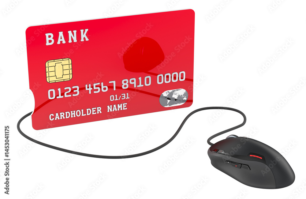 Credit Card with Computer Mouse. Online shopping and banking, concept. 3D rendering isolated on transparent background