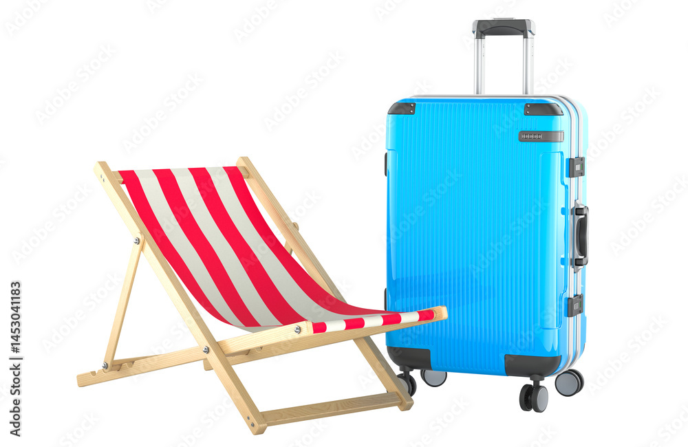 Deckchair with Suitcase, 3D rendering isolated on transparent background