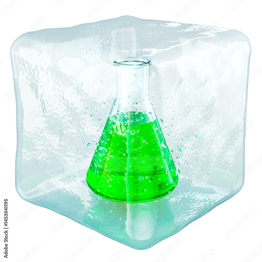 Chemical flask frozen in ice cube, 3D rendering isolated on transparent background