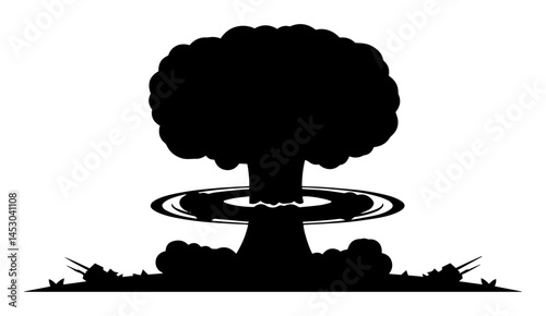 nuclear explosion with mushroom cloud and shockwave silhouette