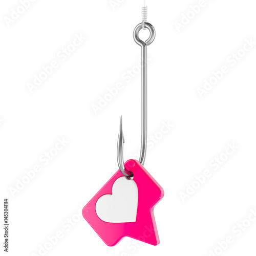 Obraz na płótnie Hooked on likes. Social media like icon as bait on fishing hook. 3D rendering isolated on transparent background w salonie
