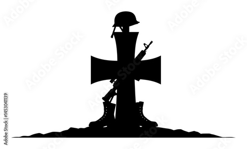 military grave memorial cross with helmet boots and rifle silhouette