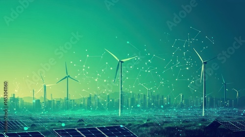 Green Energy Cityscape: Sustainable Future with Wind Turbines and Solar Panels