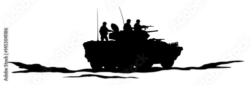 armored military vehicle with soldiers on top in silhouette scene