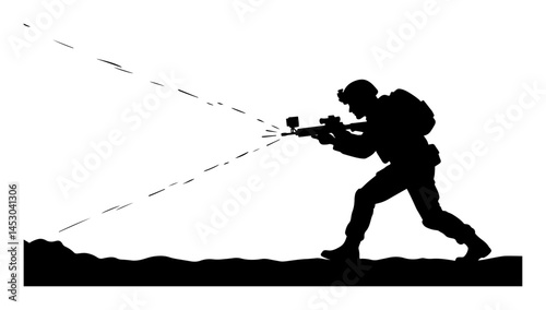 soldier shooting automatic rifle in combat action silhouette