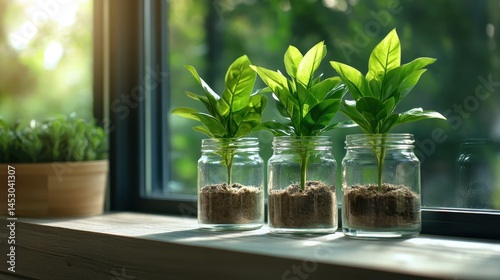 These vibrant green plants in jars capture the beauty of nature indoors, showcasing growth, vitality, and the joy of nurturing life in a cozy home environment.