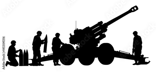 soldiers operating artillery cannon with ammunition in silhouette view