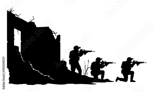 soldiers aiming rifles near destroyed building in combat silhouette