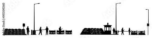 urban military checkpoint with soldiers and barricades silhouette