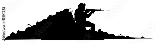 soldier aiming rifle from battlefield rubble silhouette scene