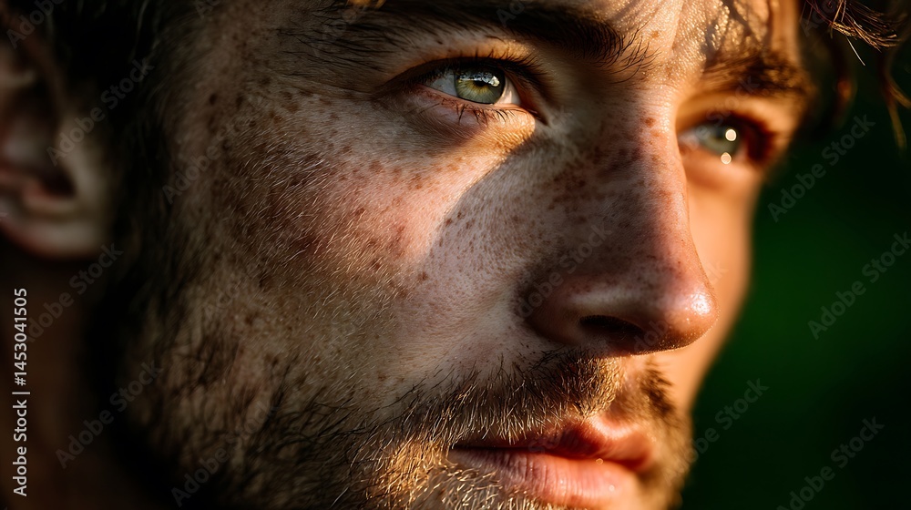 Close-up of a man with soft sunlight, outdoors Close-up of a man with soft sunlight, outdoors