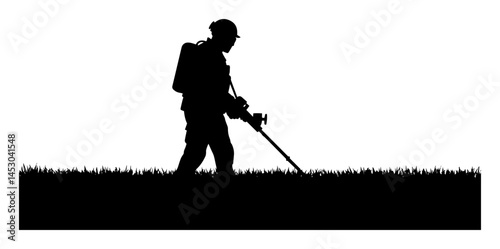 worker cutting grass with string trimmer silhouette
