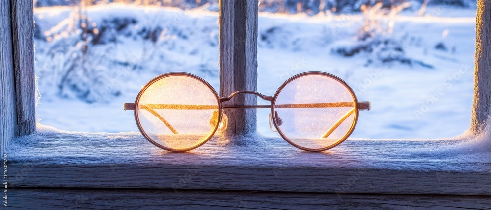 Winter spectacles resting on a frosty windowsill.