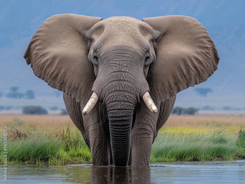 Majestic elephant wading in shallow water, facing the viewer.