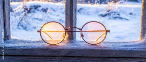 Obraz na płótnie Winter spectacles resting on a frosty windowsill. w salonie