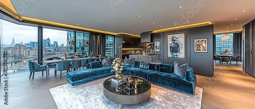 Obraz na płótnie Luxurious penthouse living area with city views. w salonie
