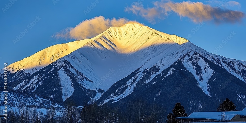 Snowy mountain peak bathed in golden light at dawn.