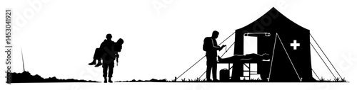 military field hospital and wounded soldier silhouette vector shape laser cutting
