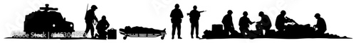 military medical team helping wounded soldiers silhouette vector black shape