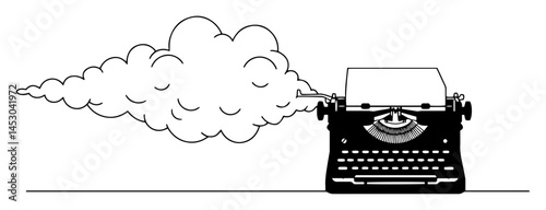 vintage typewriter producing cloud of thoughts silhouette vector black shape