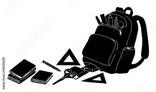 school backpack with supplies silhouette vector black shape