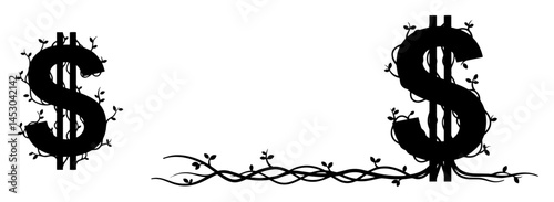 dollar symbols entangled with vines and thorns silhouette vector black shape