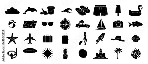 summer vacation and travel icons silhouette set vector black shape
