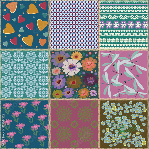 Beautiful multi-colored set of patterns for patchwork.eps