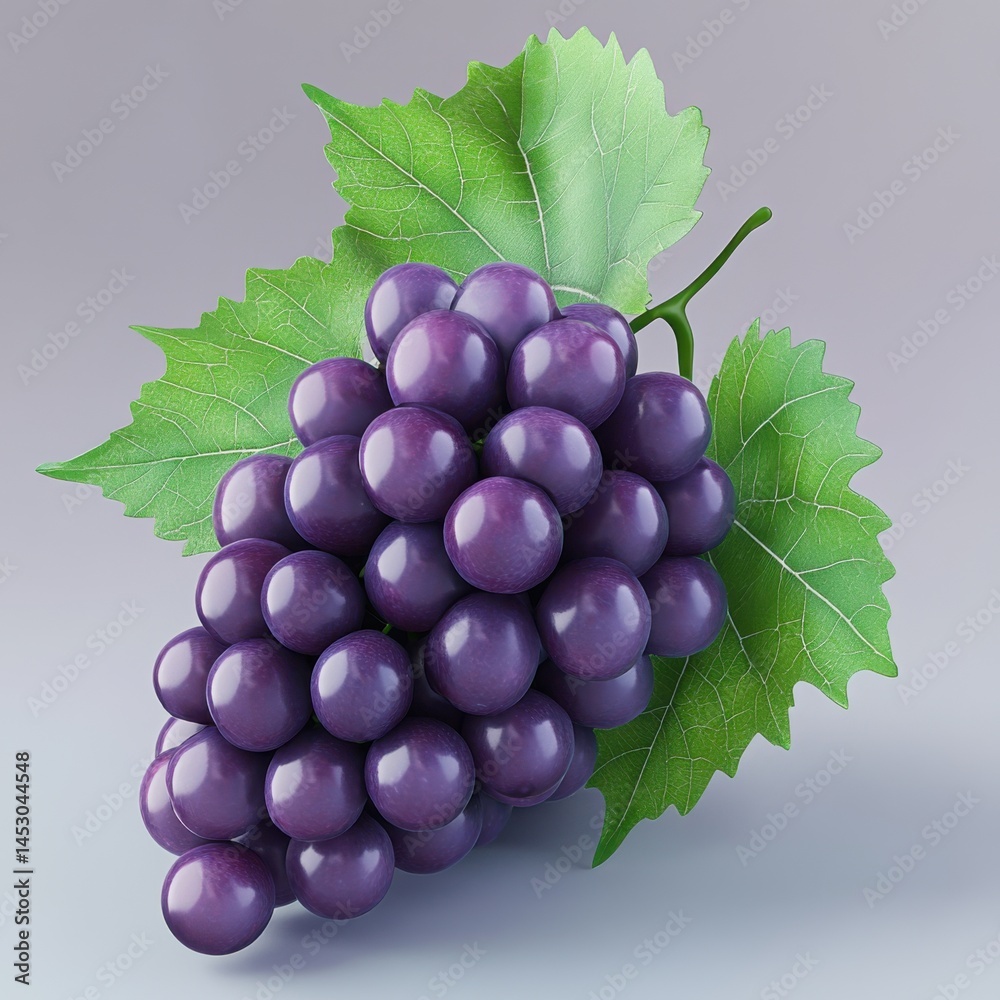 Fototapeta premium Bunch of purple grapes with leaves isolated on white background