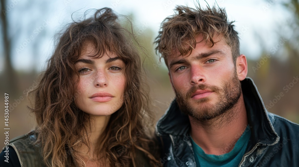 A stylish couple poses closely, showcasing a rugged, natural appeal amidst a picturesque outdoor backdrop that accentuates their captivating expressions and palpable emotional connection. A stylish couple poses closely, showcasing a rugged, natural appeal amidst a picturesque outdoor backdrop that accentuates their captivating expressions and palpable emotional connection.