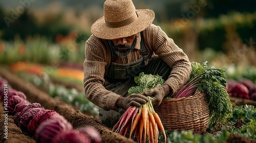 A farmer harvesting fresh vegetables in a vibrant garden showcasing organic farming and sustai