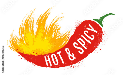 Vintage vector illustration of chilli pepper with fire. Vector icon of red chili pepper in grunge style. Extra spicy.