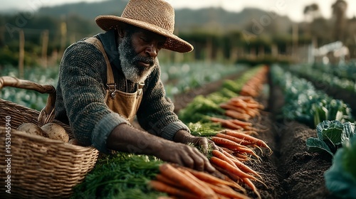 A farmer harvesting fresh carrots in a lush garden showcasing sustainable agriculture and orga photo
