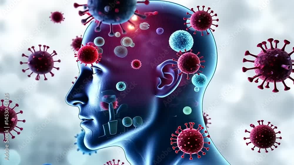 Human head silhouette with floating virus particles, representing health challenges and science