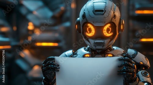 Futuristic Robot Holding a Blank Sign in a HighTech Environment Ideal for Technology and Inno