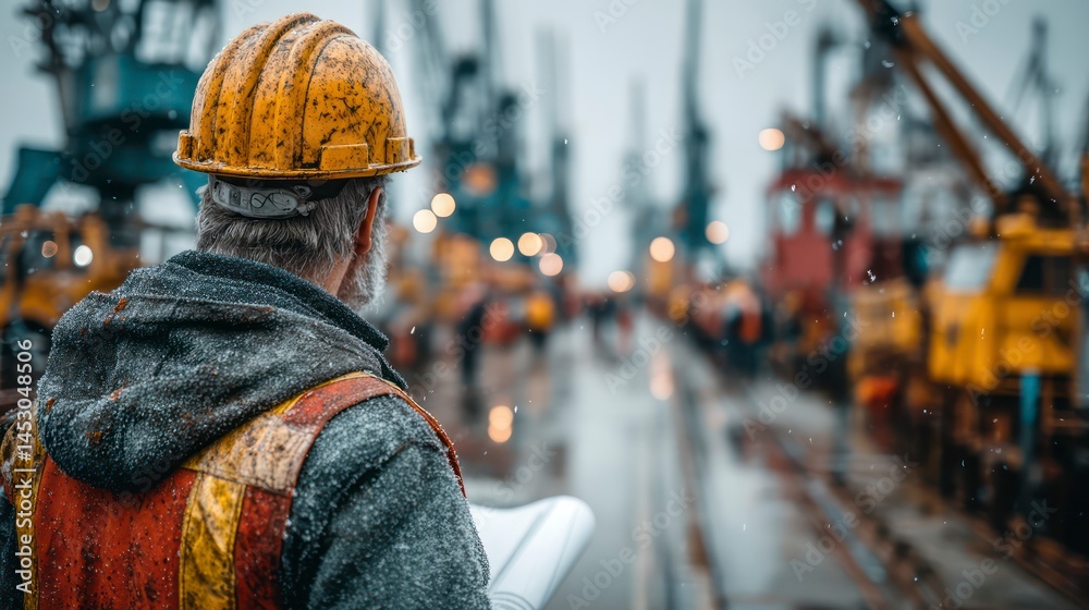 Worker in a Hard Hat Overseeing Industrial Operations on a Rainy Day
