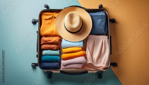 suitcase neatly arranged with varied clothing colors and sunhat