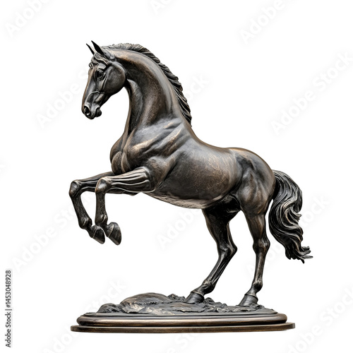 A bronze horse statue in a poised stance with its front legs raised