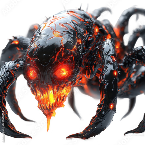 Evil spider monster creature with glowing eyes and lava mouth illustration on transparent background