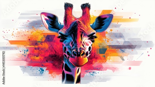 Striking portrait of giraffe with neon colors, intense stare, and watercolor splatter accents, frontal view. on a transparent background, PNG image, PNG file.