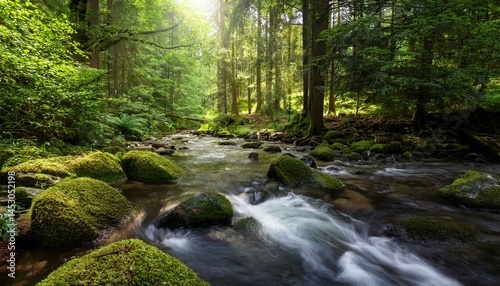 tranquil forest stream with lush greenery