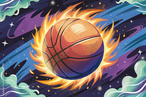 Vector illustration of basketball ball surrounded by blazing fire flames, symbolizing speed, power, and intensity. Perfect for sports branding, dynamic poster designs, and energetic competition themes