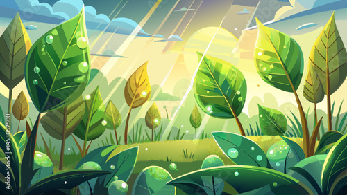 Tender leaves in moist sunlight,
Nature waking, pure and bright.
In every drop, a world anew,
Fresh beginnings soaked in dew.