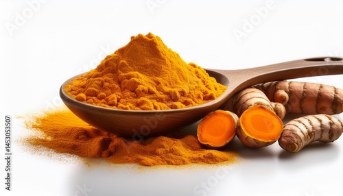 turmeric powder and roots filling a spoon on white background