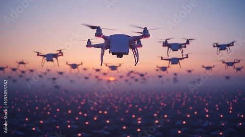 Fleet of Drones Flying at Sunset with Illuminated Lights Below Ideal for Technology and Innova