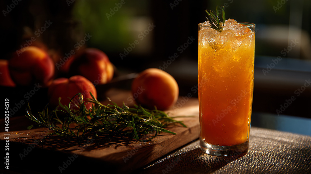 A refreshing peach swallow in a tall glass, perfect tense for a summer beverage with vibrant presentation.